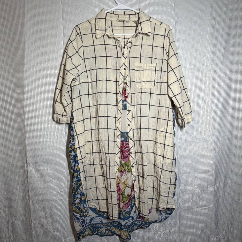 Soft Surroundings Tunic Cotton Grid Floral Back Button Front Boho Shirt L